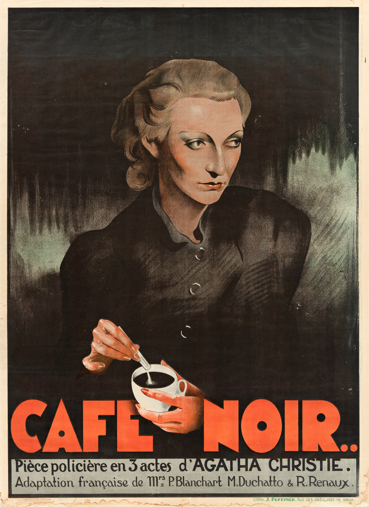 DESIGNER UNKNOWN.  CAFE NOIR / AGATHA CHRISTIE. 1938. 33½x24¼ inches, 85x61½ cm. J. Fuytynck, Brussels.